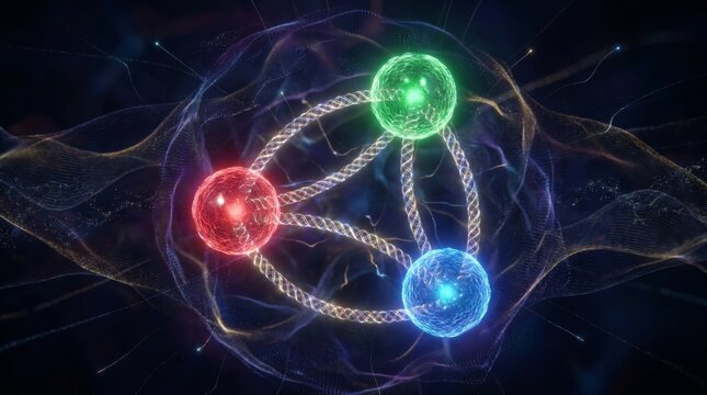Quarks interact inside a proton. Red, green, and blue quarks float in a dynamic quantum field, while glowing gluon lines of force continuously connect them.  nuclear interaction.