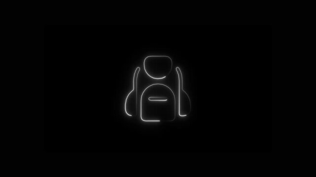 Glowing white neon backpack icon animation on black background, Neon outline rucksack school bag line art motion graphics