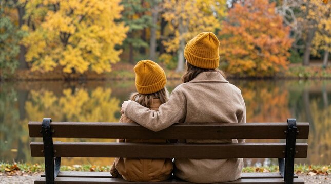 Mother and child sit on a bench by the lake during autumn in a park