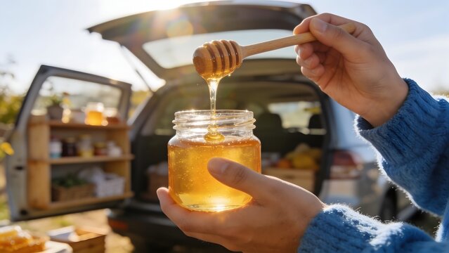 Person holding a jar of honey with a dipper outdoors.