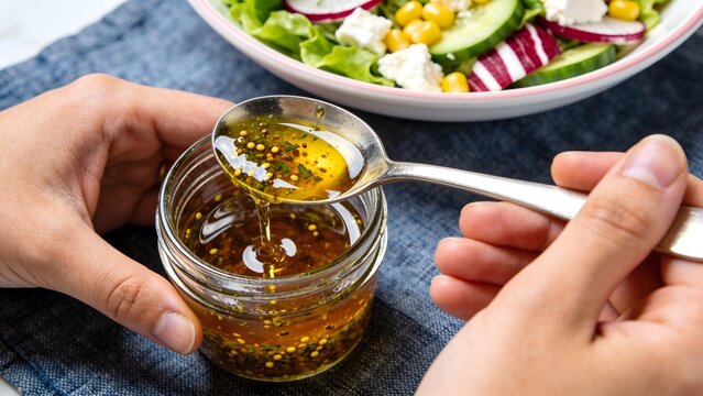Person pouring salad dressing from a spoon into a jar with a salad in the background.