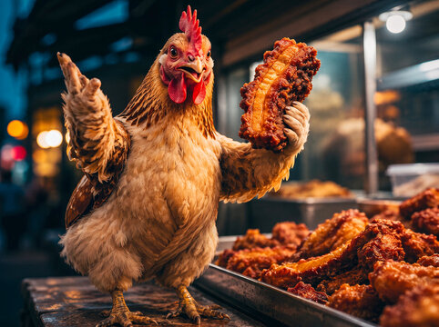 Funny anthropomorphic chicken holding and selling crispy fried chicken at a street food market stall