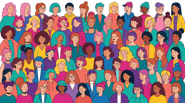 Diverse group of people illustration. Crowd of multicultural characters standing together.