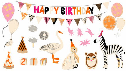 Whimsical Birthday Party Illustration Featuring Balloons Animals And Decorative Pennant Banners On A White Background celebration banner © Rabindrabath