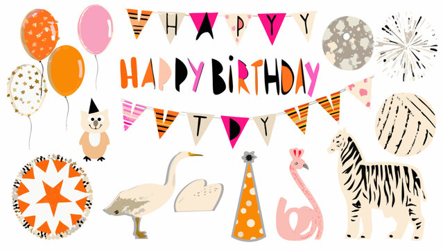 A whimsical birthday celebration featuring balloons animals and festive pennant banners vector illustration balloon party pennants bunting