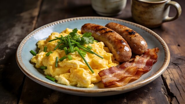 Delicious Full English Breakfast with Scrambled Eggs Sausages and Bacon.