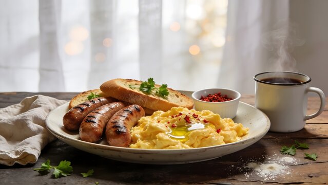 Hearty Breakfast Platter with Sausages Eggs Toast and Coffee.