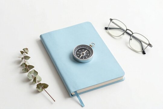 A blue notebook, compass, glasses, and a plant placed on a white surface