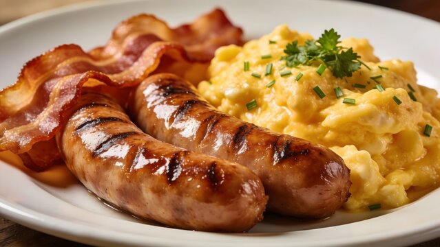 Delicious Breakfast Plate with Sausages Bacon and Scrambled Eggs.