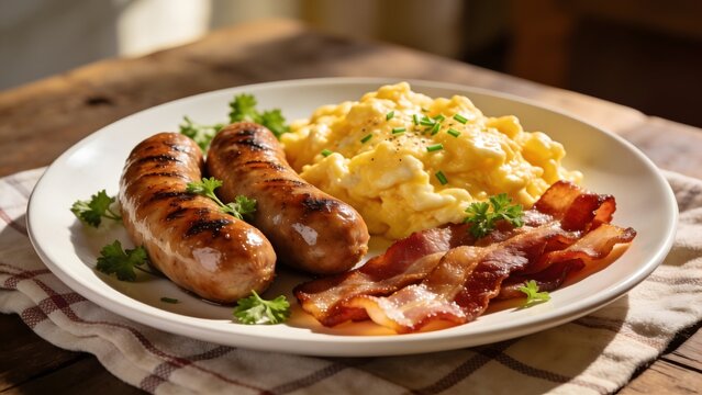 Delicious Breakfast Plate with Scrambled Eggs Bacon and Sausages.