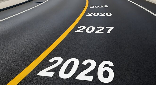 Years 2026 to 2029 painted on a black asphalt road