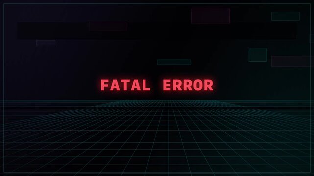 Fatal error text glitching over digital grid with moving glitch blocks, centered perspective, neon red, no people