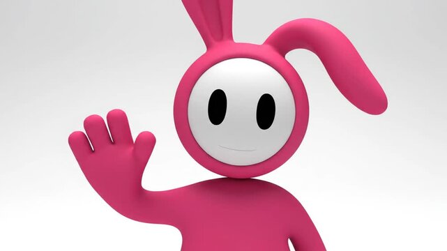 Friendly pink bunny character presenting on plain background