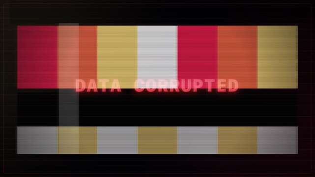 Data corrupted message glitching on monitor screen with horizontal scanline shift, straight-on, scanlines, color bars