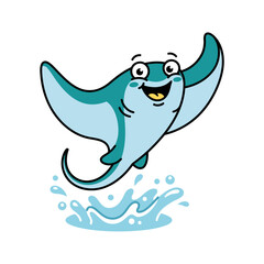 Naklejka premium Cute cartoon manta ray jumping out of water.