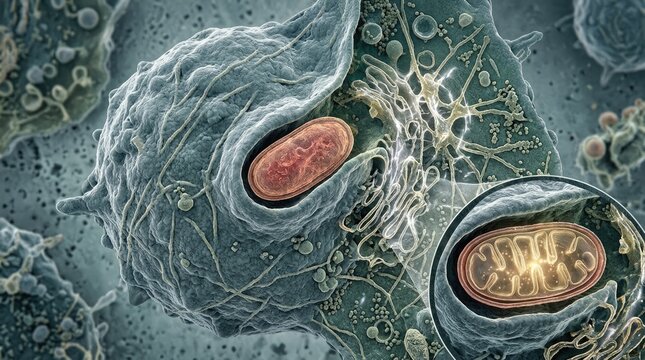 Eukaryogenesis endosymbiosis of an ancient bacterium inside host archaea cell, demonstrating evolutionary transition into modern mitochondrion, showing internal cristae membrane structure.