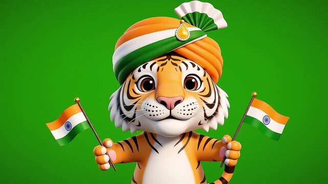 A cute cartoon tiger wearing a traditional Indian turban and holding two Indian flags on green screen background, representing India Independence Day, patriotic celebration, or other national holiday.