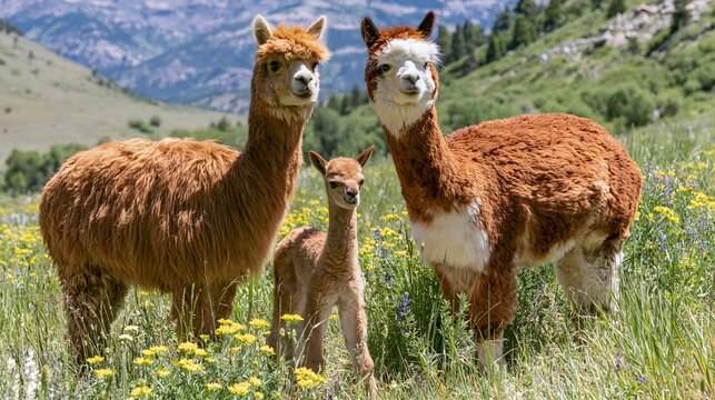 Alpaca family with small cria standing together on green mountain meadow