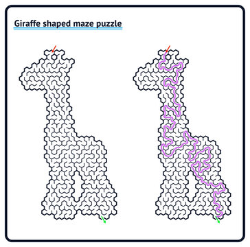 Giraffe shaped maze puzzle activity worksheet for kids education and brain training game with solution