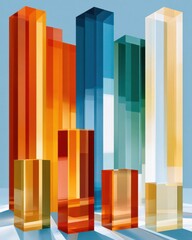 Fototapeta premium Colorful abstract vertical glass towers resembling a modern city skyline for business and design