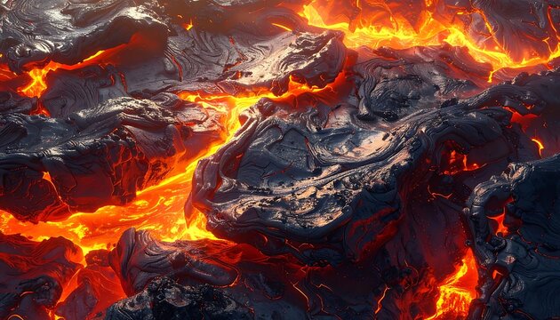Molten lava rocks with fiery orange flames.