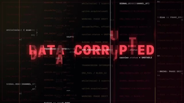 Data corrupted glitching on dark computer interface with motion blur, horizontal motion, wide view, glitch effect