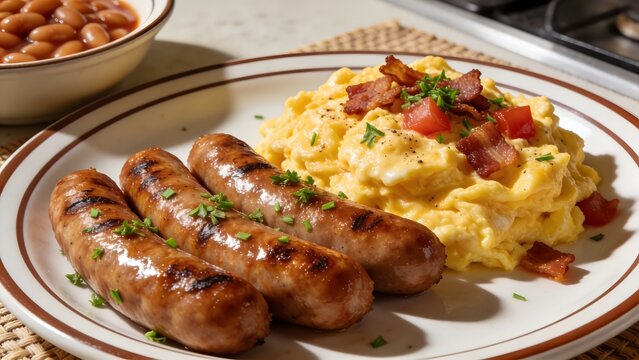 Delicious Breakfast Plate with Sausages Scrambled Eggs and Beans.
