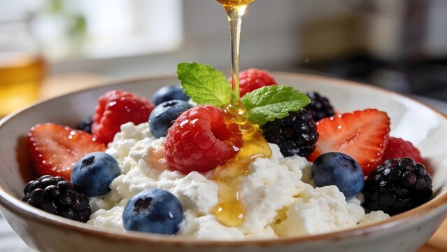 Healthy Cottage Cheese Bowl Topped with Fresh Berries and Drizzled with Honey.