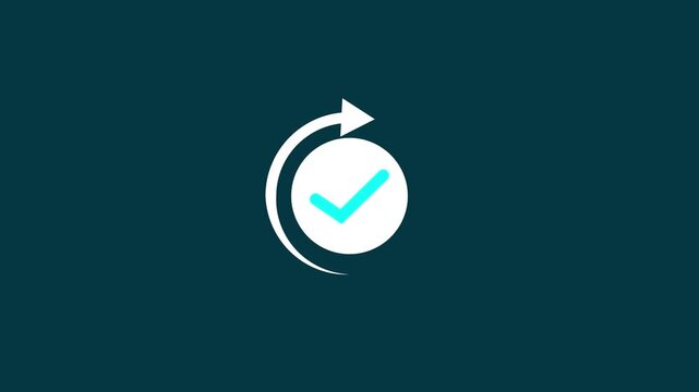 Animated white check mark circle icon with rotating arrow on sine background for sync complete update success refresh done UI UX design