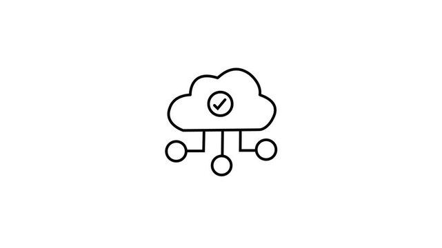 Animated black cloud computing network icon with check mark on dark white background for verified data server hosting storage and cyber UI UX