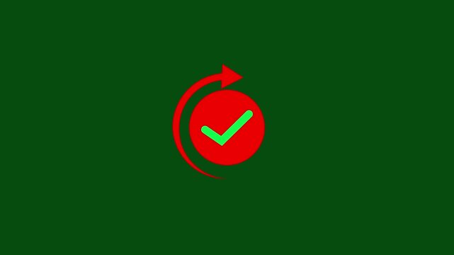 Animated red check mark circle icon with rotating arrow on green background for sync complete update success refresh done UI UX design