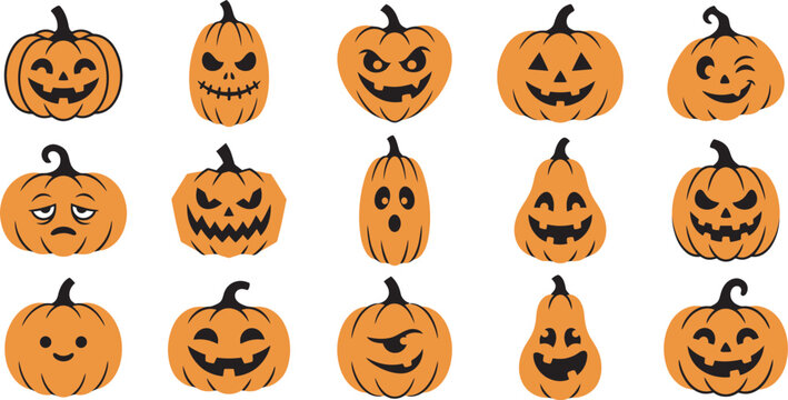 A collection of fifteen hand drawn pumpkins with various spooky and funny facial expressions isolated on a plain white background for halloween