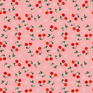 Cherry seamless pattern on a pink background with cherry blossoms. 
