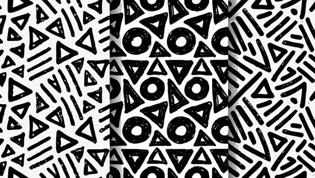 Geometric pattern featuring triangles circles and lines a black and white vector illustration abstract art background design