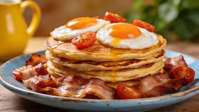 Delicious Stack of Pancakes with Fried Eggs Bacon and Tomatoes.