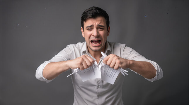Upset office worker tearing up paper document in frustration. Professional man destroying contract or legal paperwork during emotional breakdown.