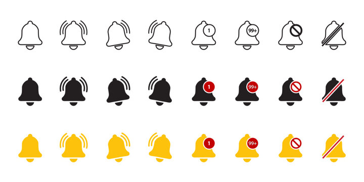 Notification bell icon set. Alert symbol icons in outline, solid, and colored styles. Ideal for apps, websites, and user interfaces. Visual cues for notifications or alerts