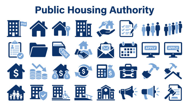 Public housing authority service icons set representing urban residential assistance government support and community housing management programs