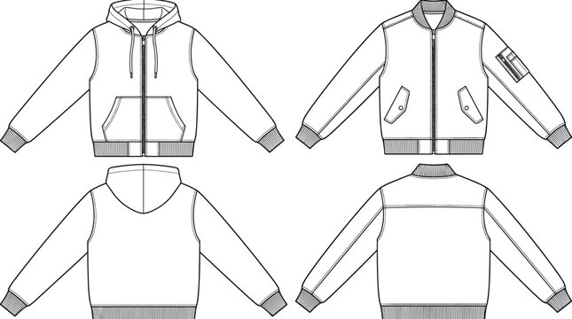 Technical fashion flat sketch vector illustration of a hoodie and bomber jacket template