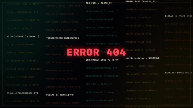 Error 404 glitching across digital interface with sliding bars, split screen, no people, transmission interrupted