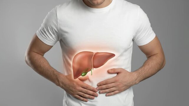 Man experiencing severe pain in his abdomen, emphasizing a serious medical issue involving the liver organ, a health problem, human anatomy, disease concept