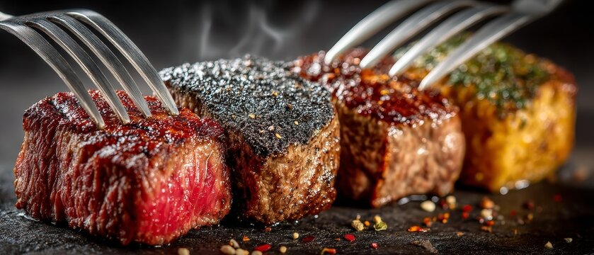 Steaks cooked to various doneness levels are held up by forks against a dark background with visible steam and seasoning.