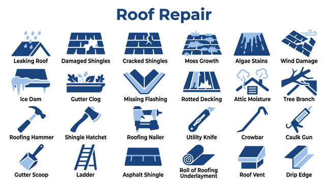 Roof repair icons set showing roofing problems damage types and construction tools for building maintenance and residential home improvement projects