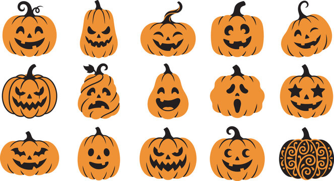 A collection of various hand drawn halloween pumpkin stickers featuring different spooky and funny facial expressions arranged on a white background surface