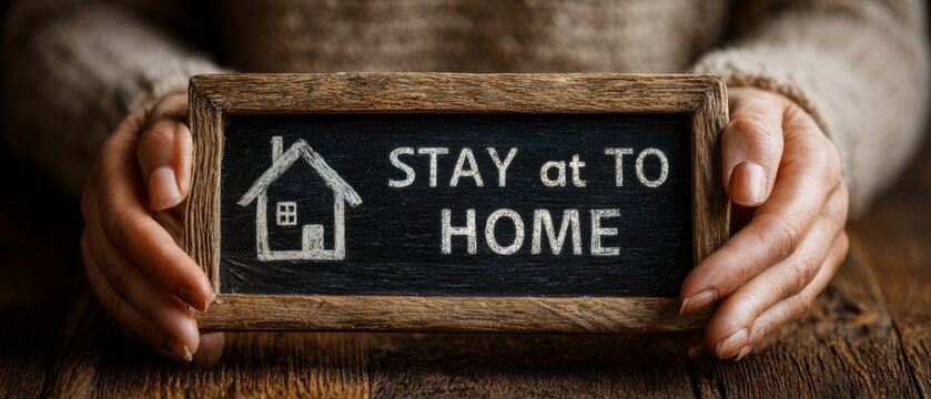 A person holds a rustic chalkboard sign with a house drawing urging caution against viral spread.