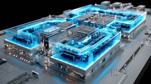 Digital Circuitry Blueprint: An illuminated, futuristic digital circuit board visualized in a 3D schematic.
