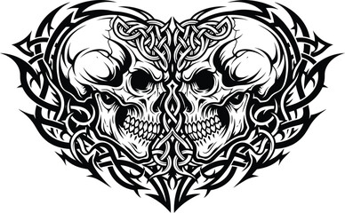 Fototapeta premium Skulls intertwined with intricate Celtic knotwork patterns form a symmetrical heart shape design.
