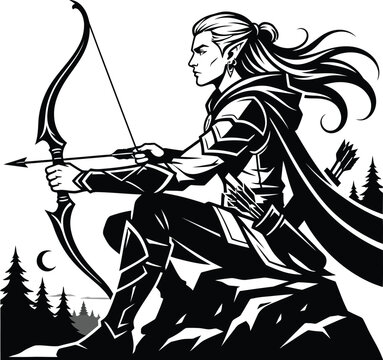 Elf warrior draws a bowstring while perched on a dark cliffside under a crescent moon in a stylized black and white drawing.