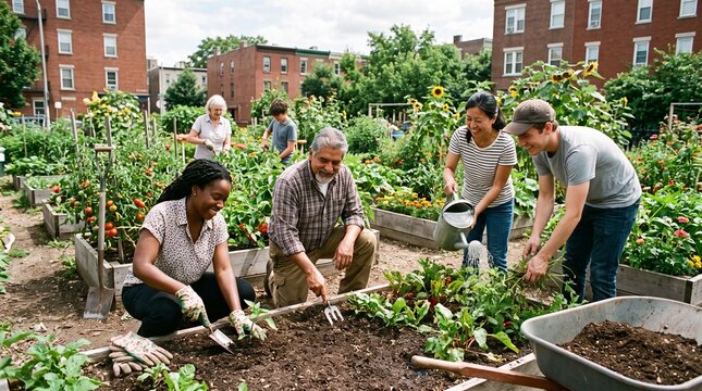 A diverse group of neighbors working together in a sunny urban community garden surrounded by apartment buildings.