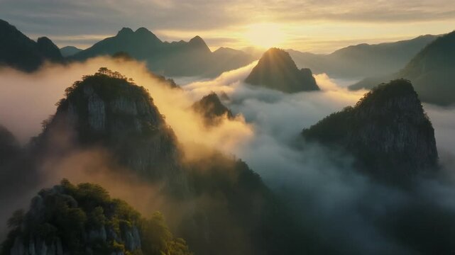 Beautiful morning sunrise over misty mountain valley with golden sun light and soft clouds flowing through lush forest hills at dawn